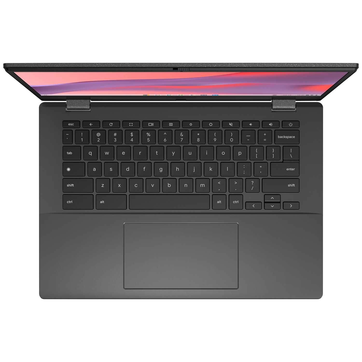 Top-down view of an open black laptop showing keyboard, touchpad, and a screen with a purple background.