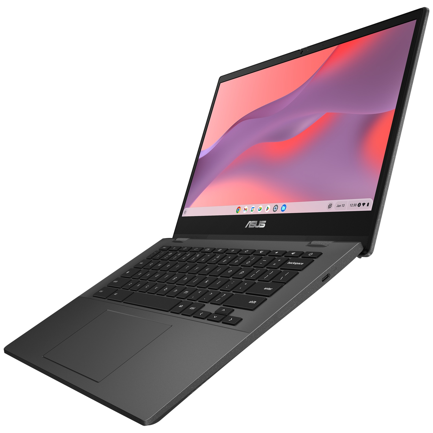 A grey Asus laptop with an open screen displaying a red gradient wallpaper on a white background.