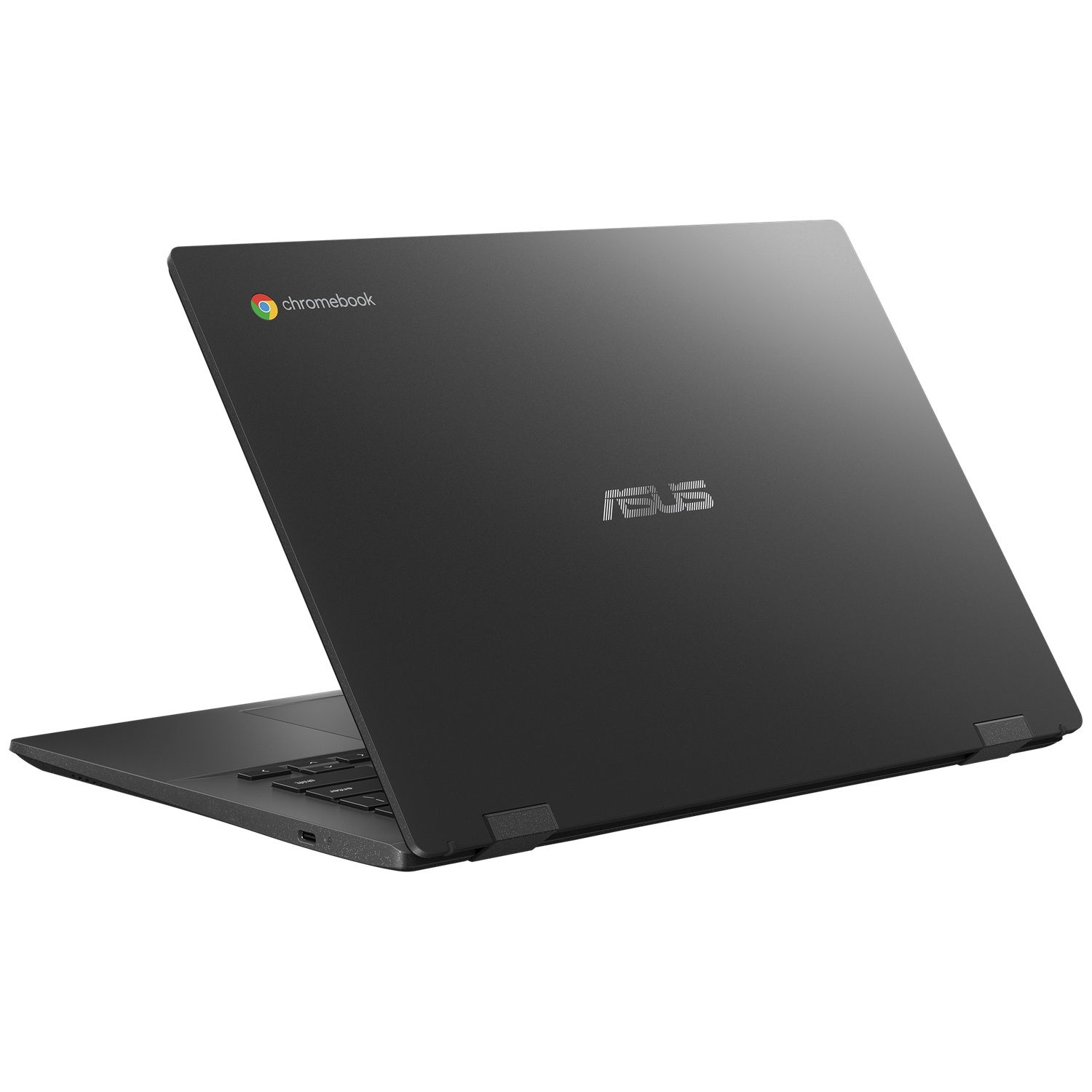 A black ASUS Chromebook laptop is shown from the back against a white background, displaying brand logos.