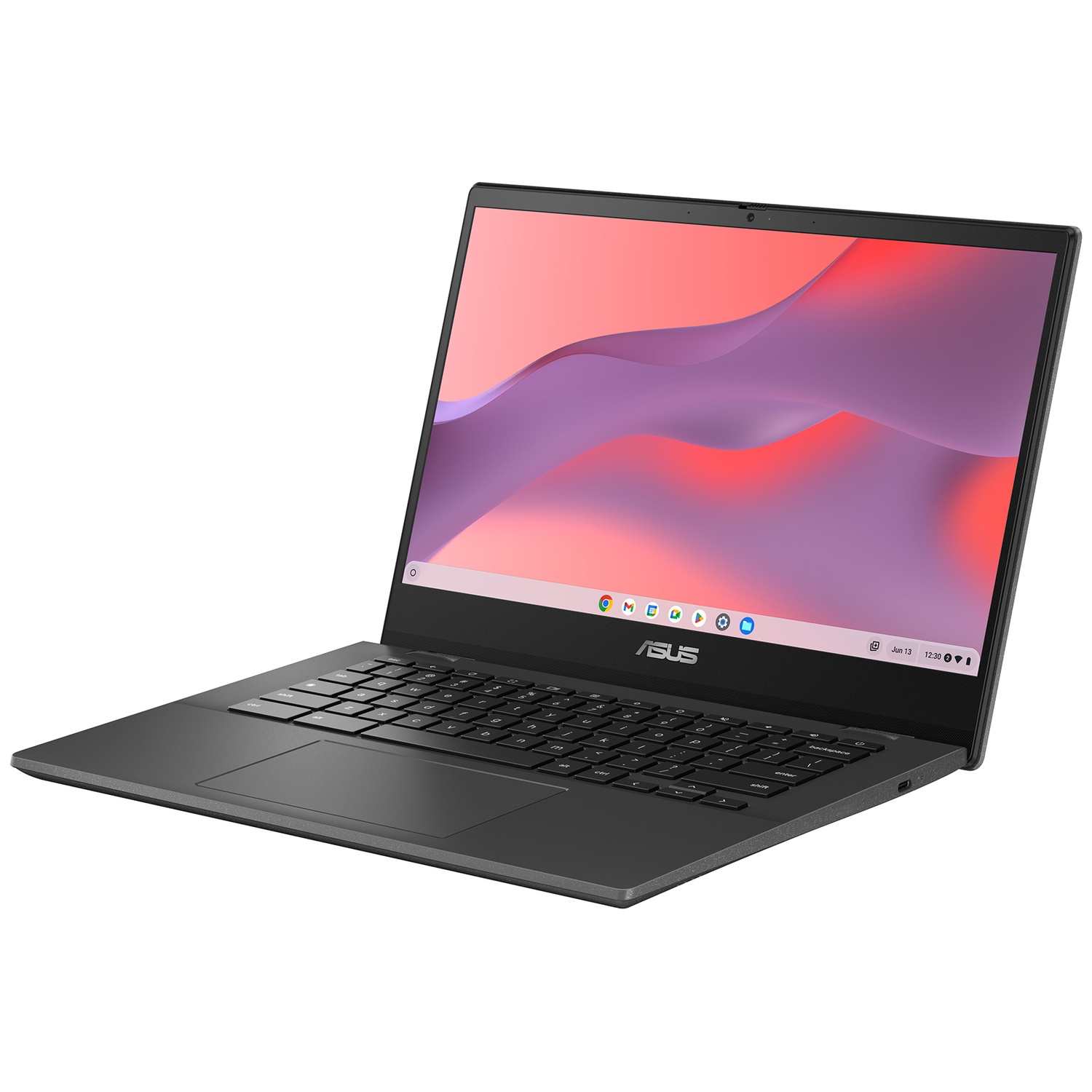 A black Asus Chromebook laptop on a white background displaying a colorful abstract wallpaper.