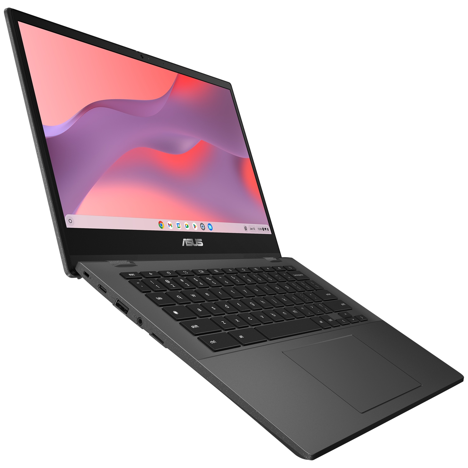 A black Asus laptop with a red and purple screen background and visible keyboard, shown on a white background.