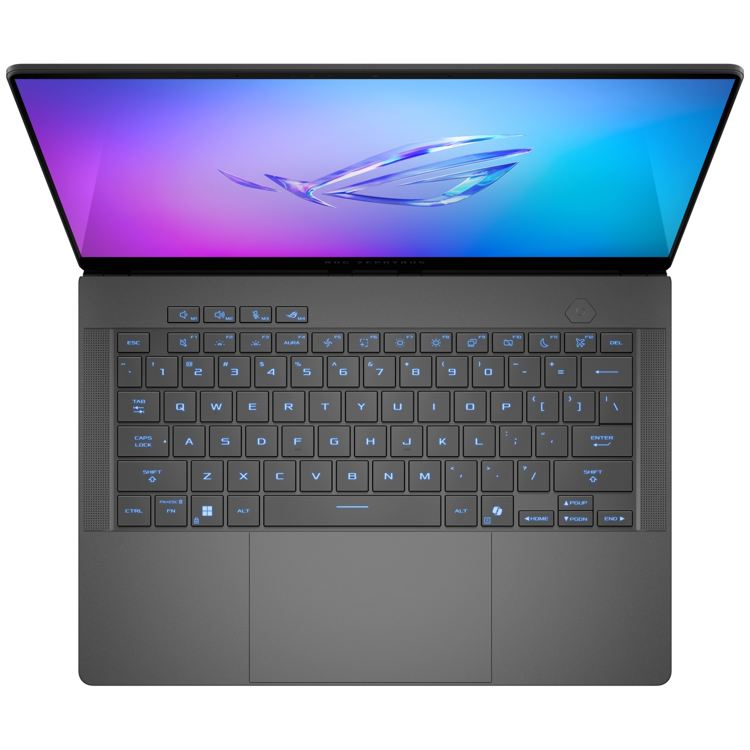 Top-down view of a black laptop with backlit keyboard and a blue gradient wallpaper displayed on the screen.