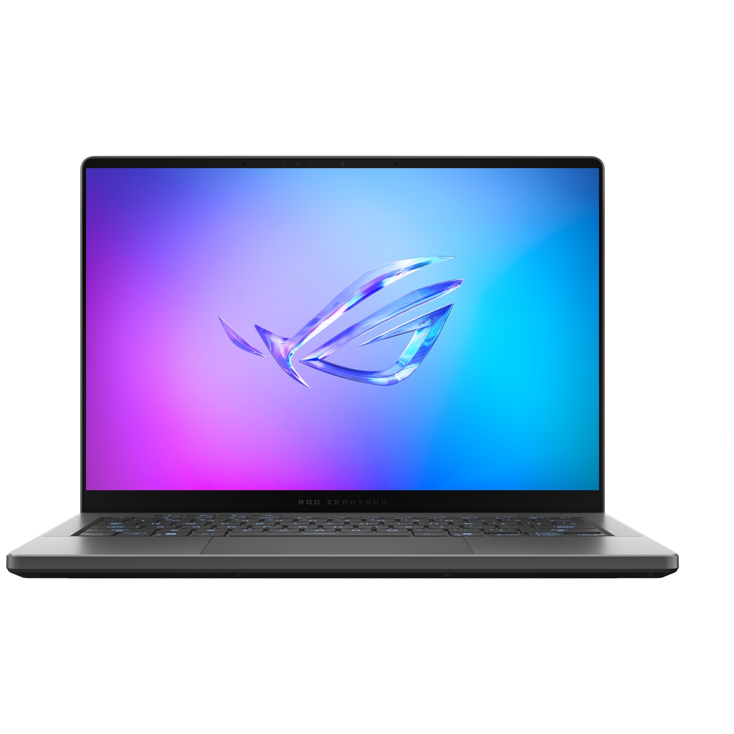 A black ROG Zephyrus laptop open, displaying a colorful purple and blue wallpaper with a chrome logo.