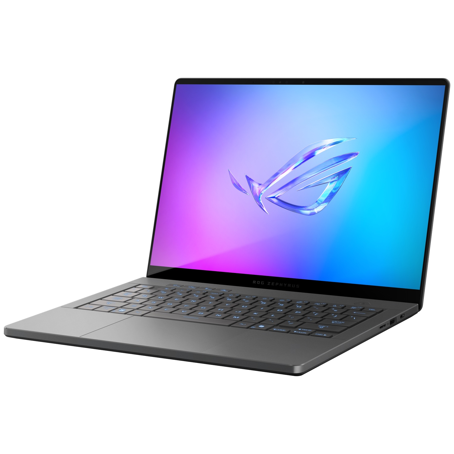 A gray ROG Zephyrus laptop with a glowing screen on a white background.