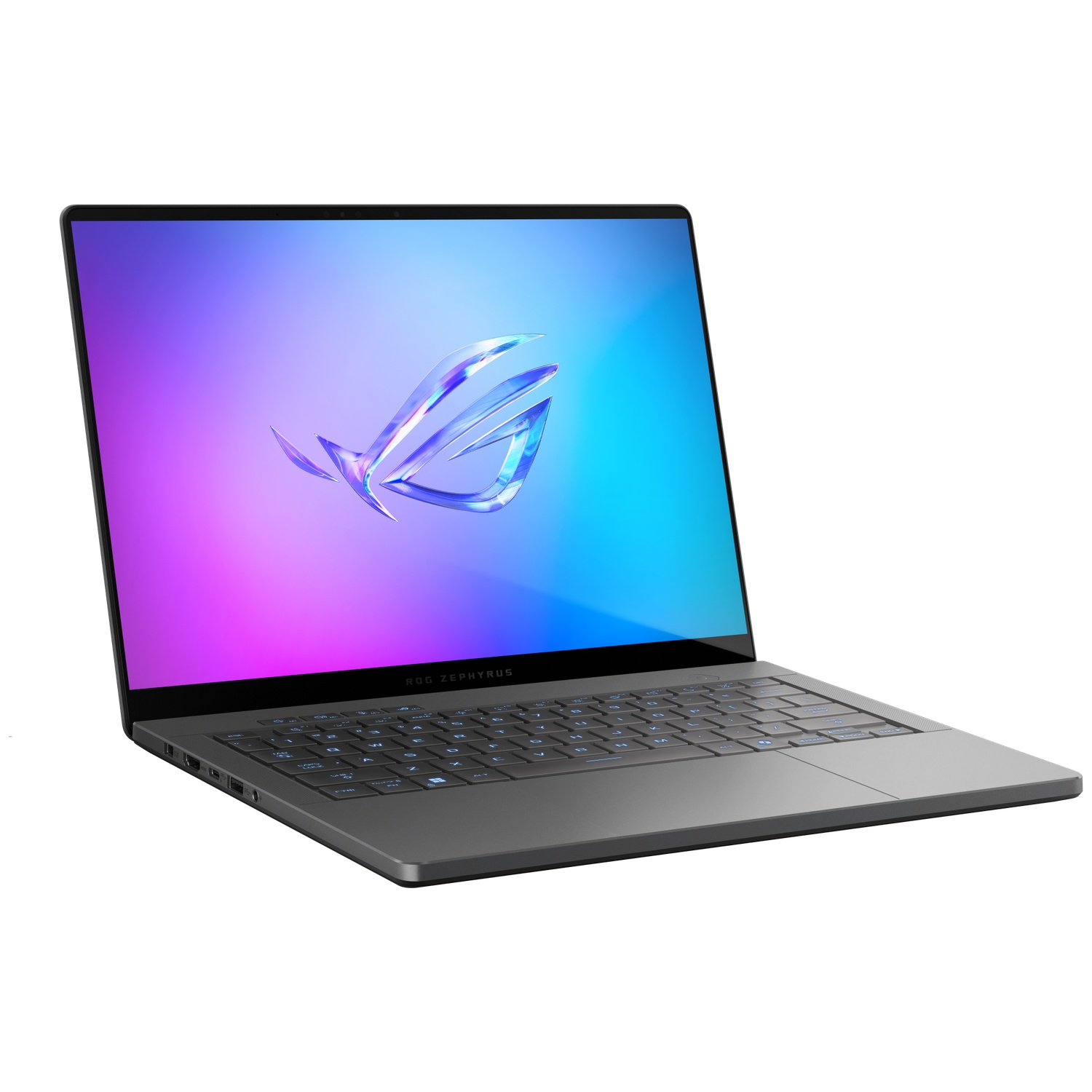 Open grey laptop with an abstract blue and purple wallpaper on its screen, viewed from a slightly low angle.