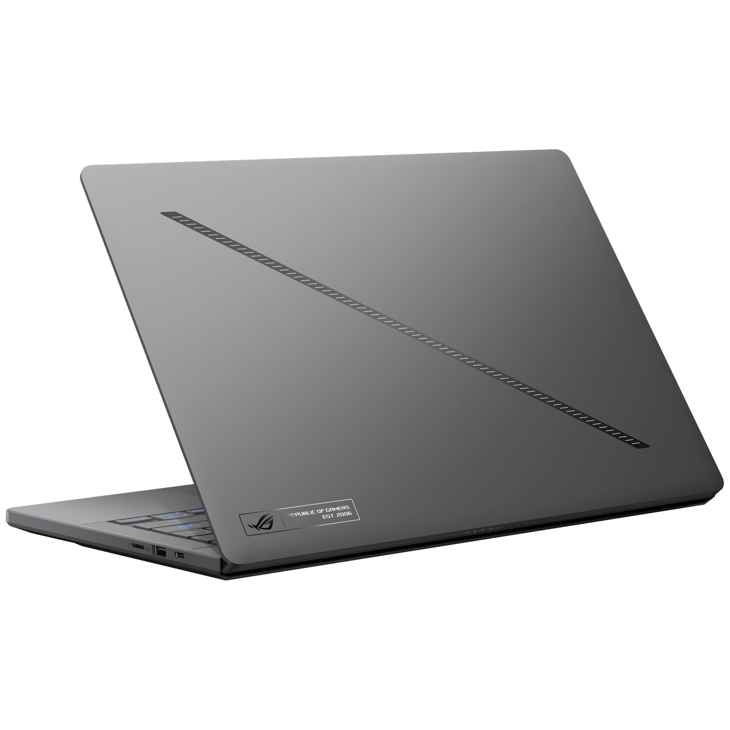 Grey Asus ROG laptop on a white background, featuring a diagonal light strip on the lid.