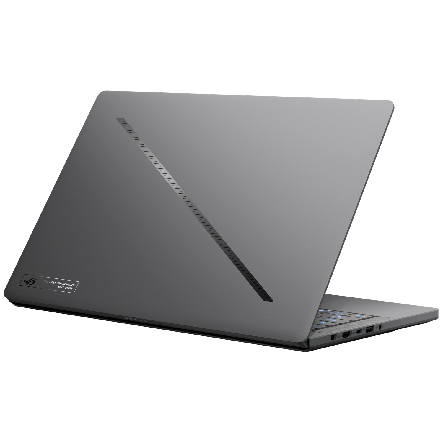 Gray laptop with a diagonal LED strip on the lid and a small logo in the corner on a white background.