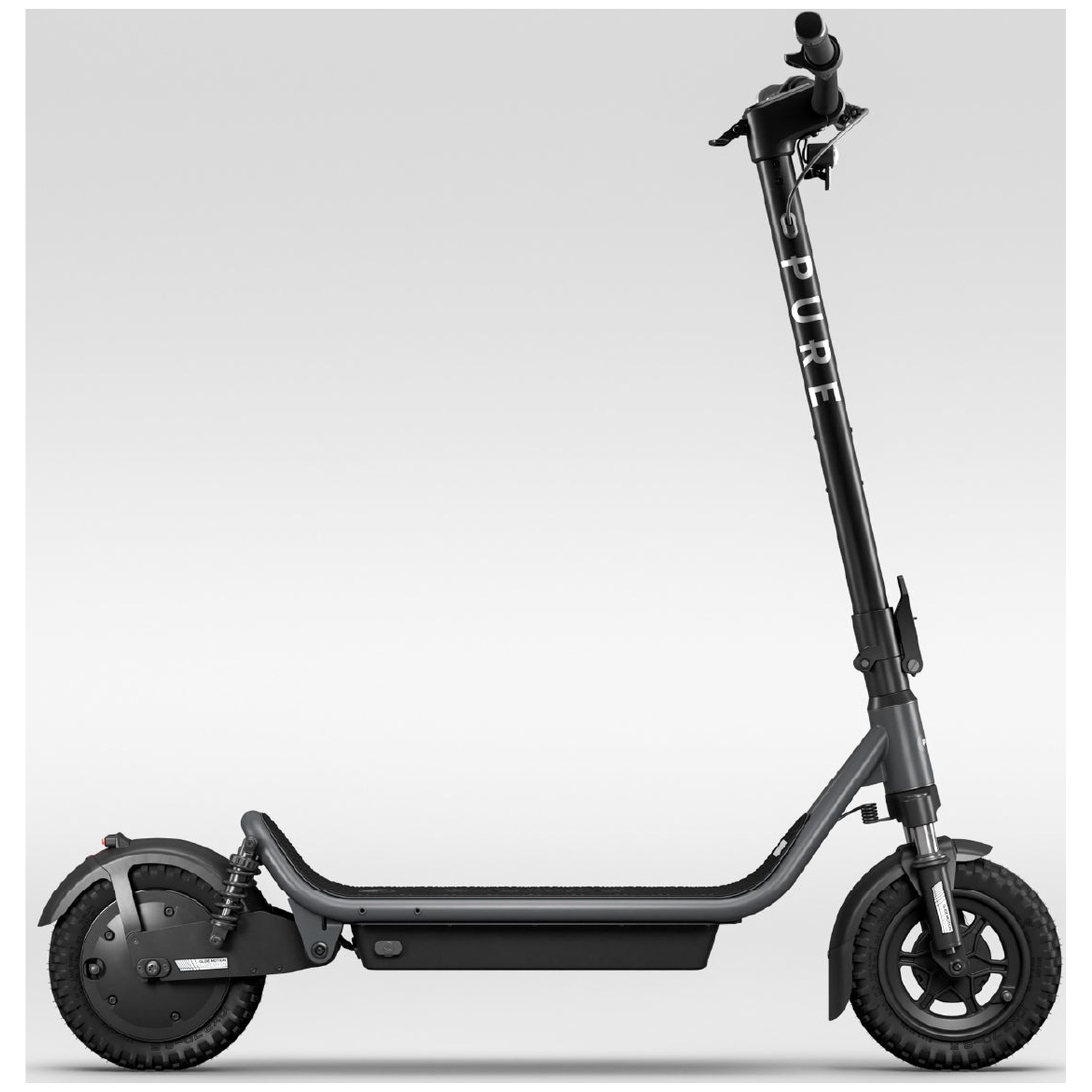 A black electric scooter with knobby tires and the PURE logo on the handlebar against a white background.
