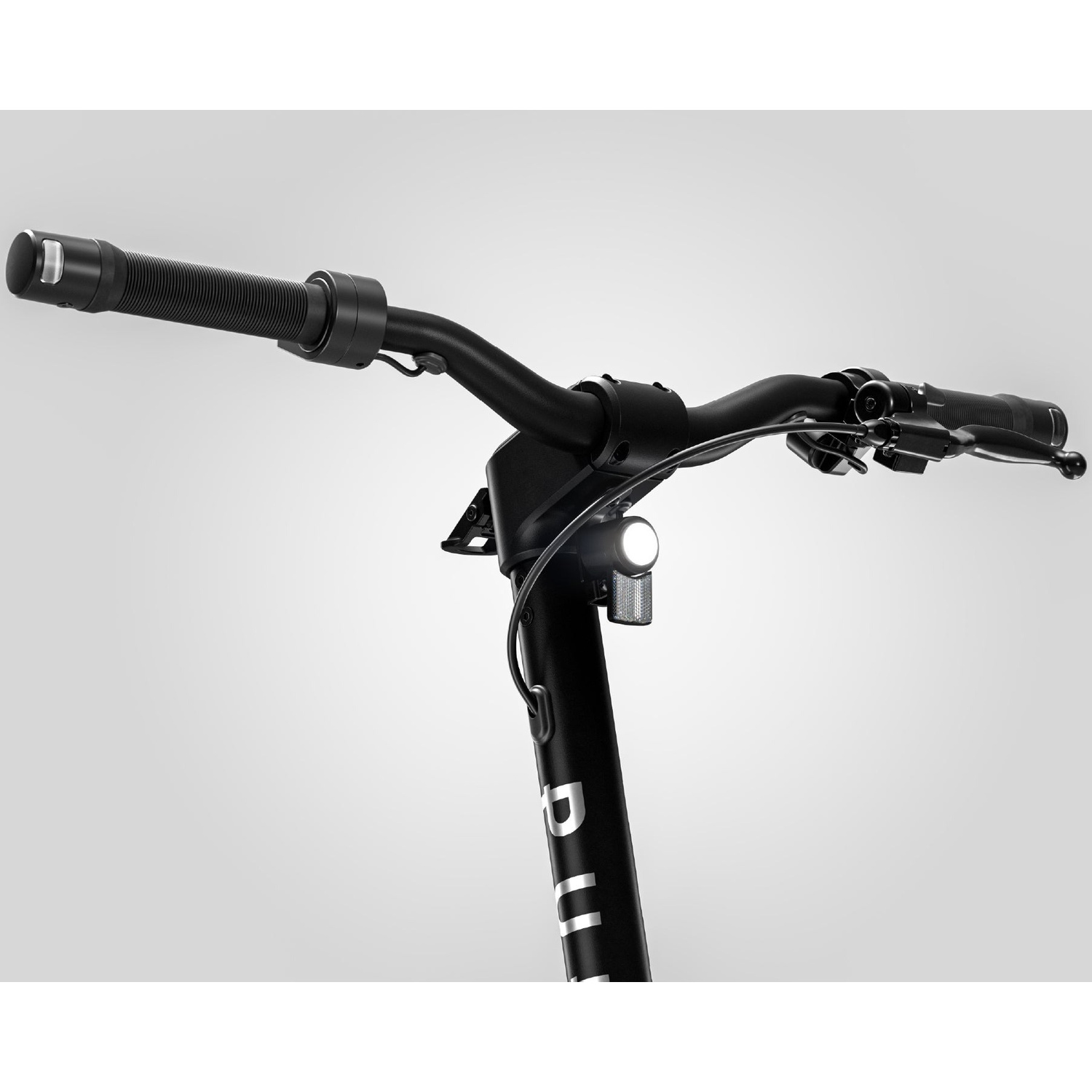 Black e-scooter handlebars with bright front light and silver branding against a neutral background.