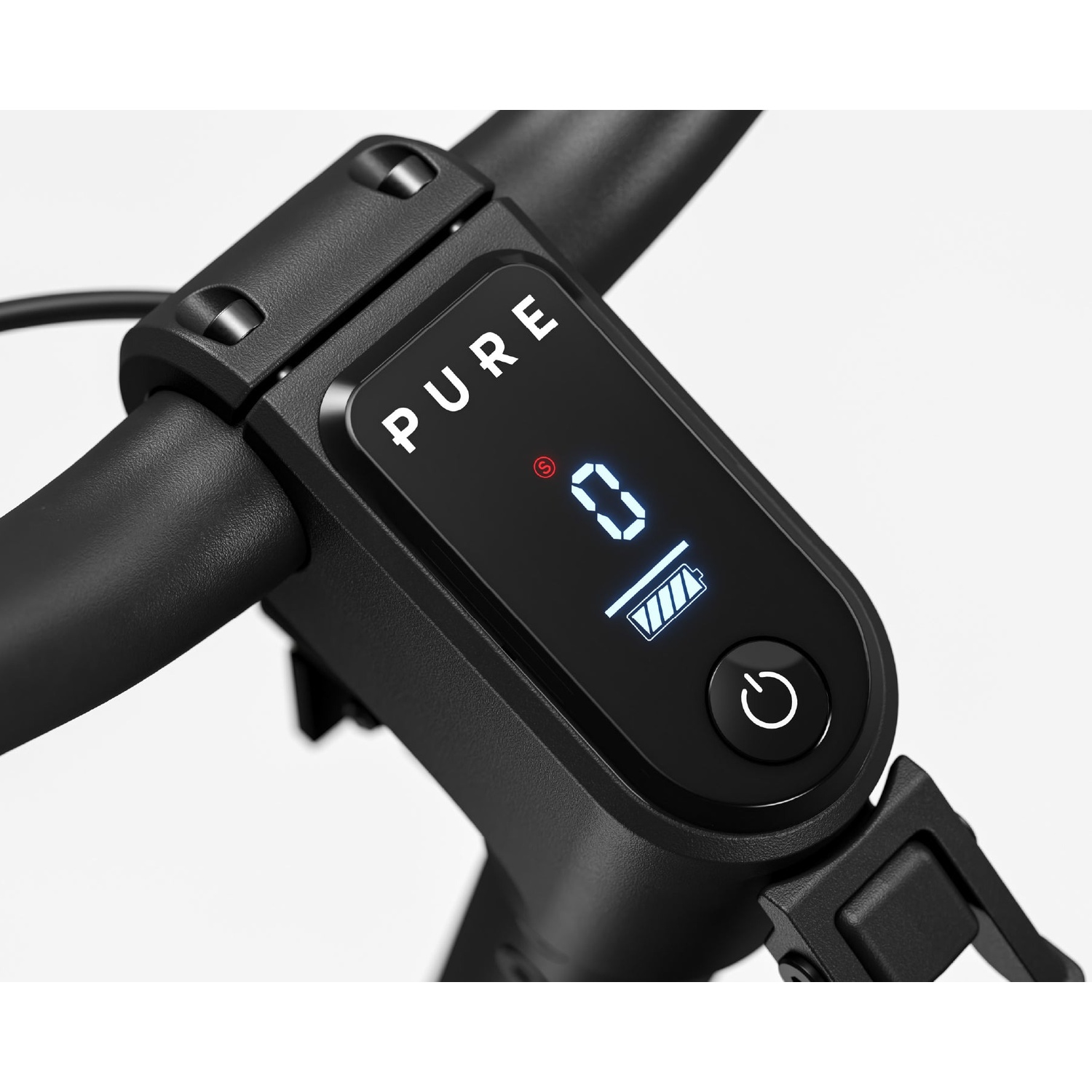 Close-up of a black electric scooter handlebar with a digital display showing speed zero and a full battery icon.