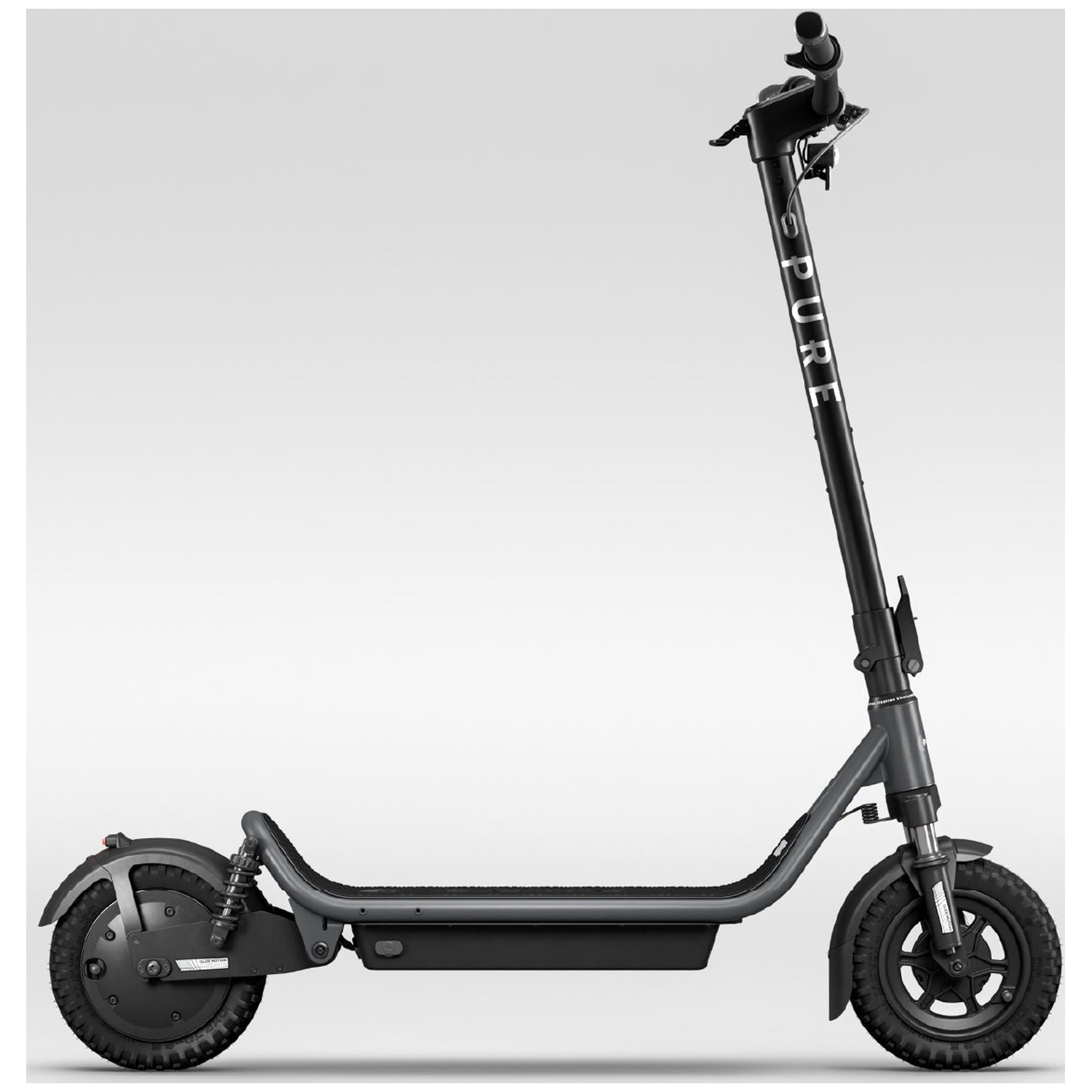 A black electric scooter with large tires and the word PURE on the stem, shown from the side on a light background.