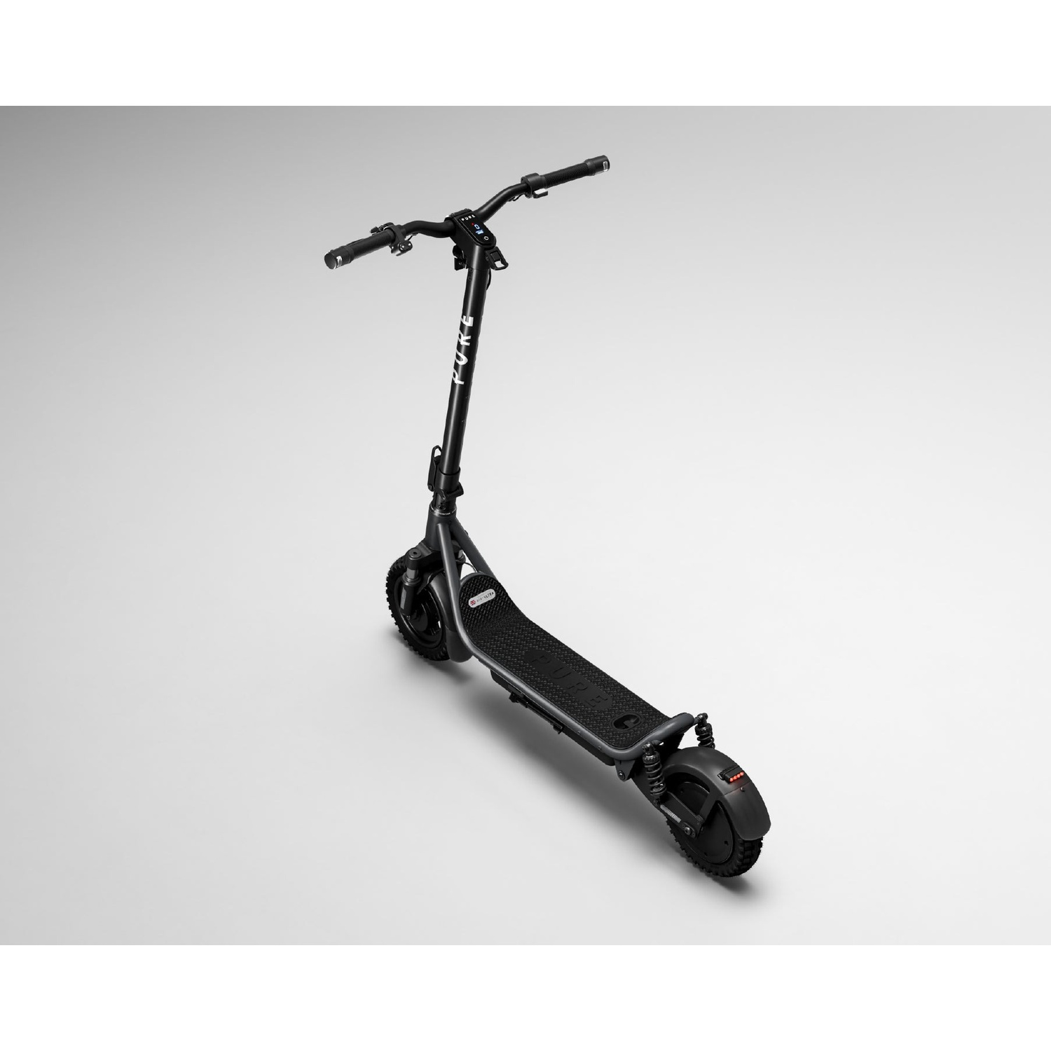 A modern black electric scooter stands against a white background.
