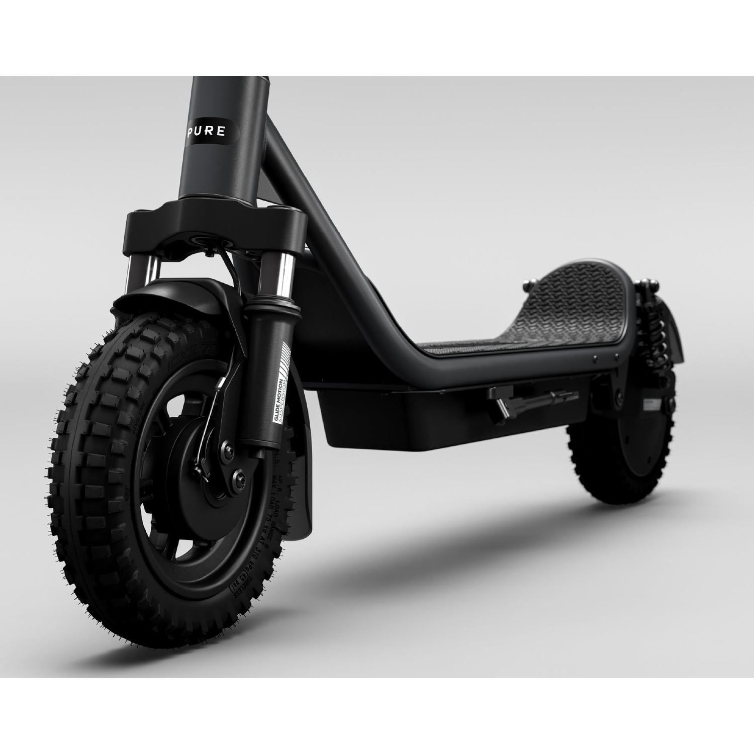 A black electric scooter with knobby tires and front suspension against a plain white background.