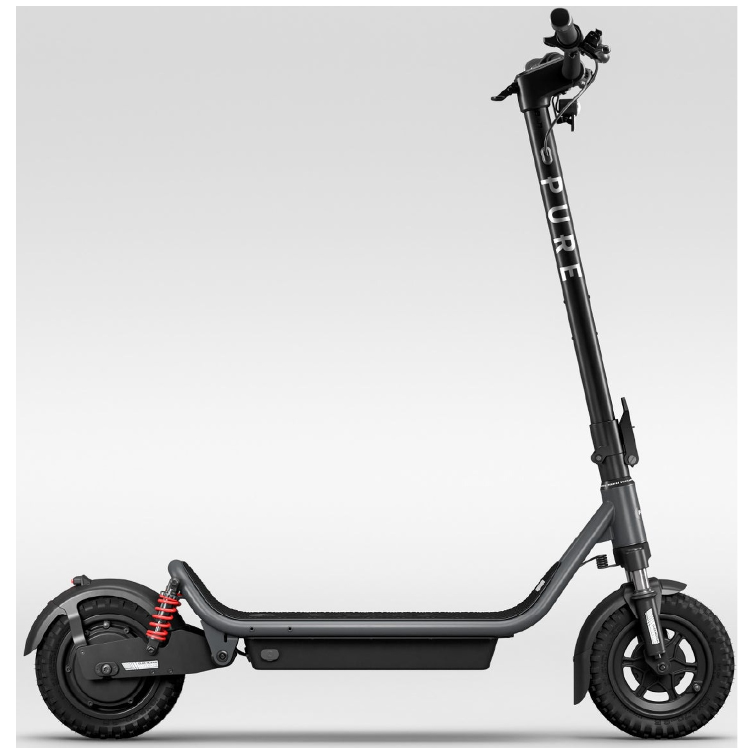 A black electric scooter with large tires and red suspension springs stands against a white background.
