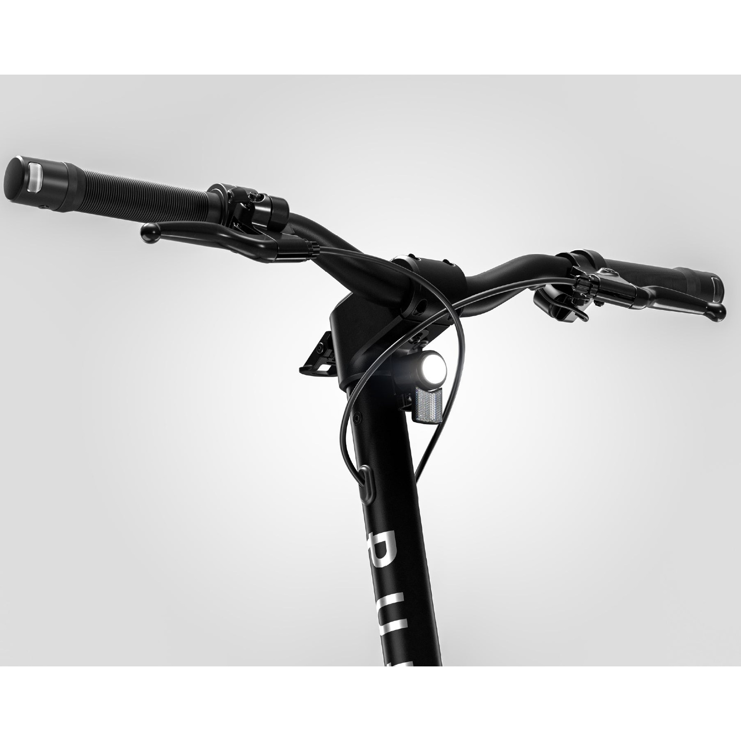 Black e-scooter handlebars with integrated light and brake levers against a light background.