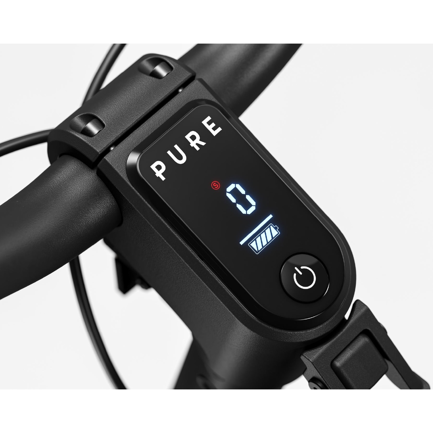An electric scooter handlebar with a digital display showing Pure, 0, and a battery icon.