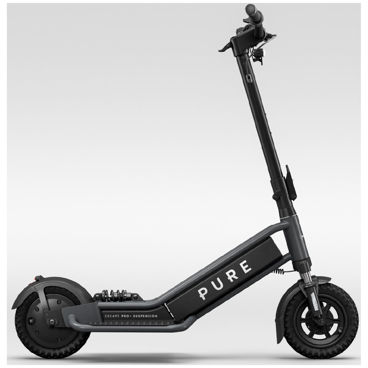 A gray Pure electric kick scooter with suspension and chunky tires against a gray background.