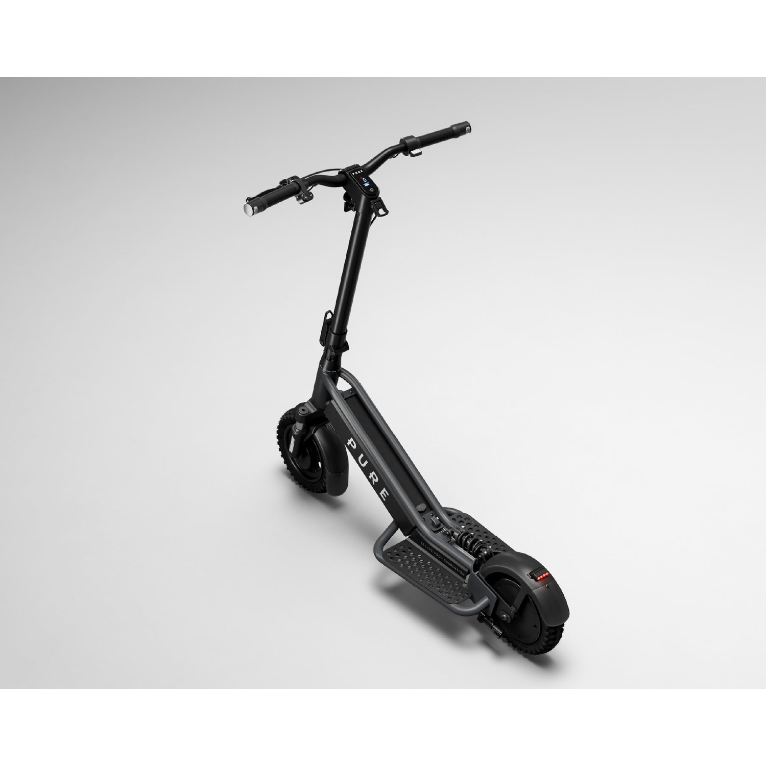 A black electric scooter with textured footboards and a digital display stands against a plain white background.
