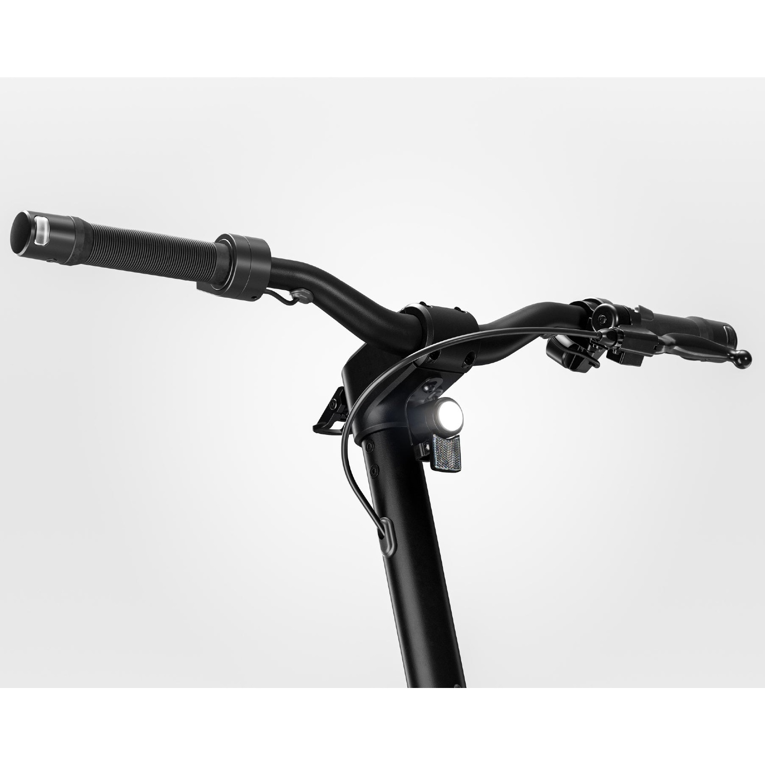 Black e-scooter handlebars with integrated lighting and controls against a light background.