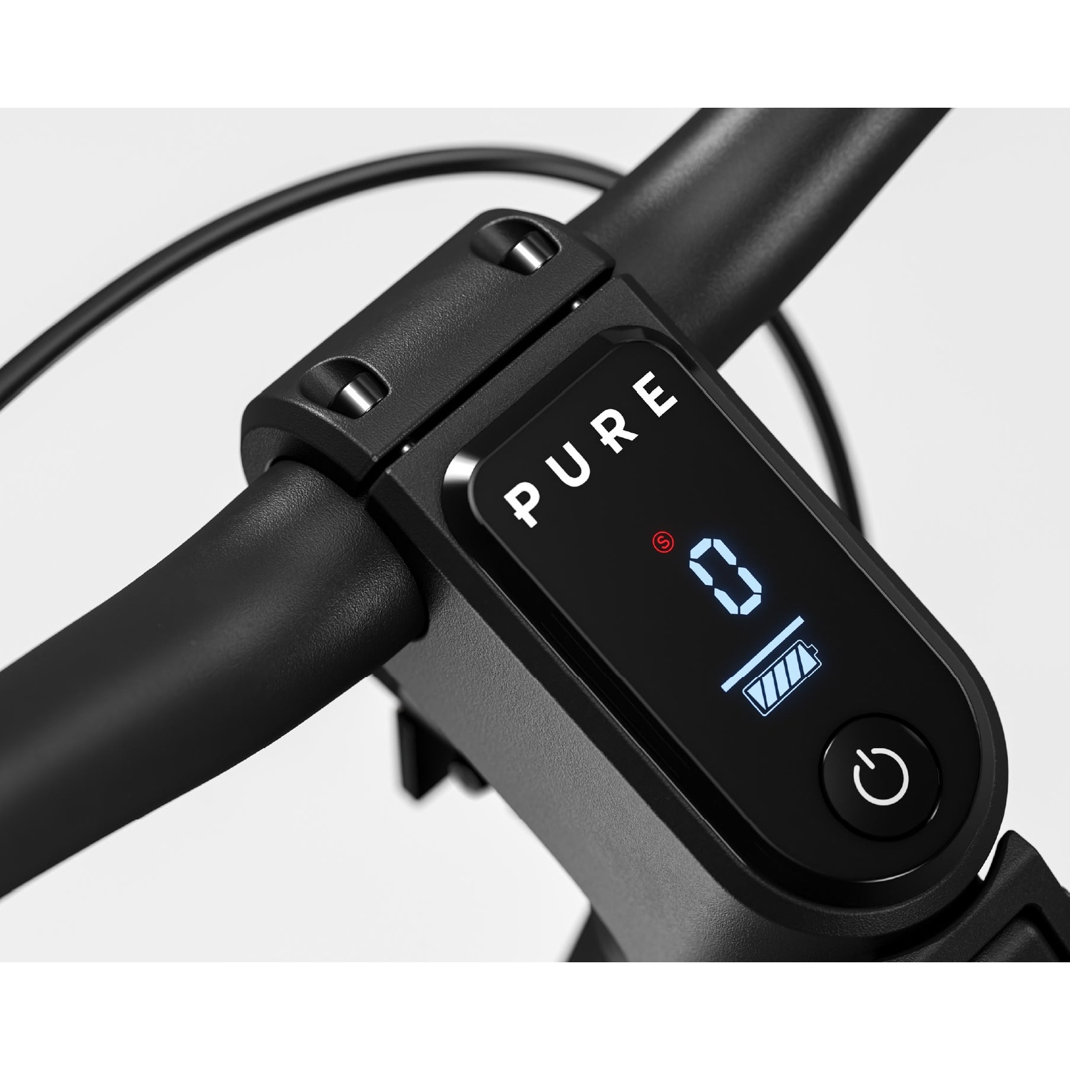 Close-up of a black electric scooter handlebar with a digital display showing zero speed and a full battery icon.