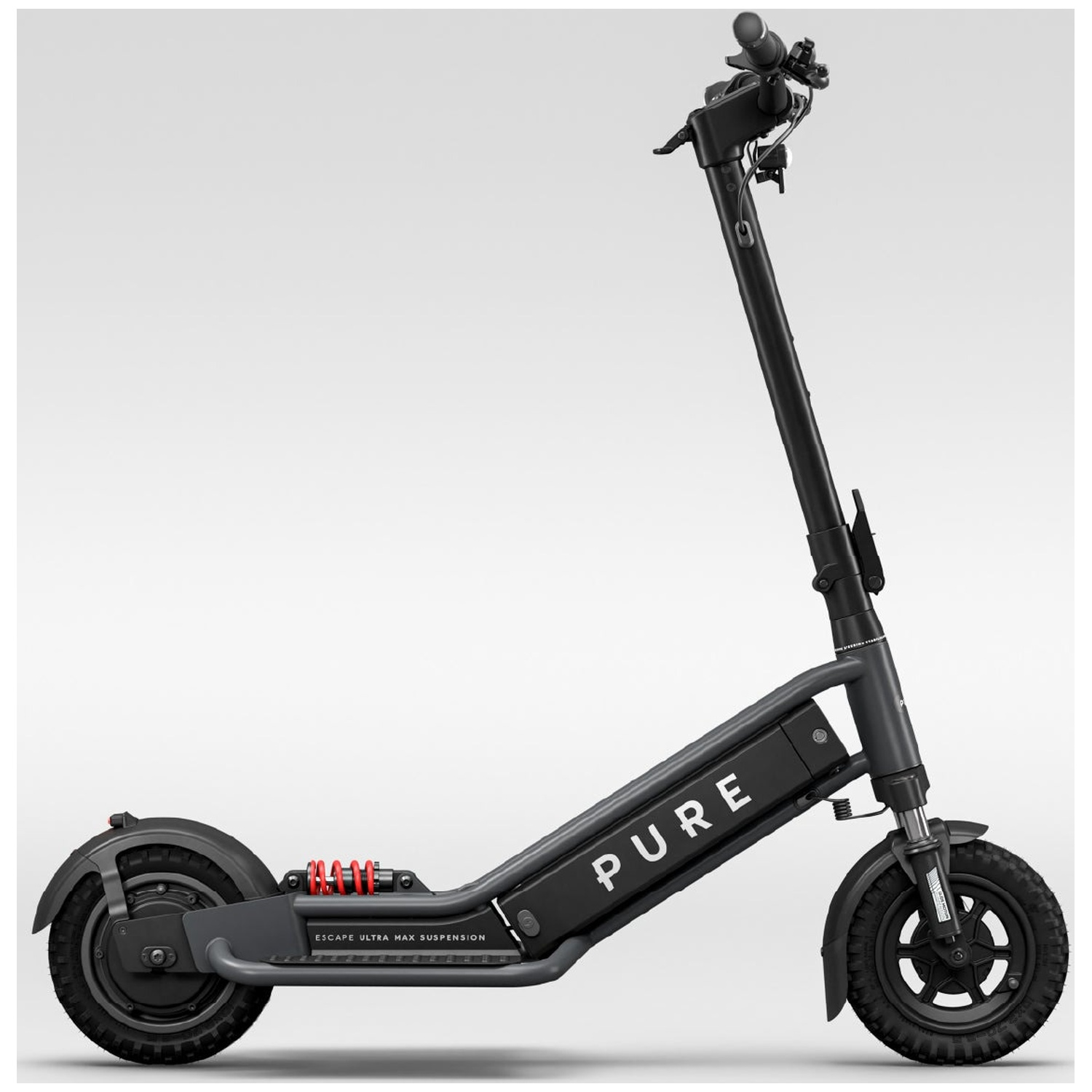 A black electric scooter with the brand name PURE stands sideways against a light background.