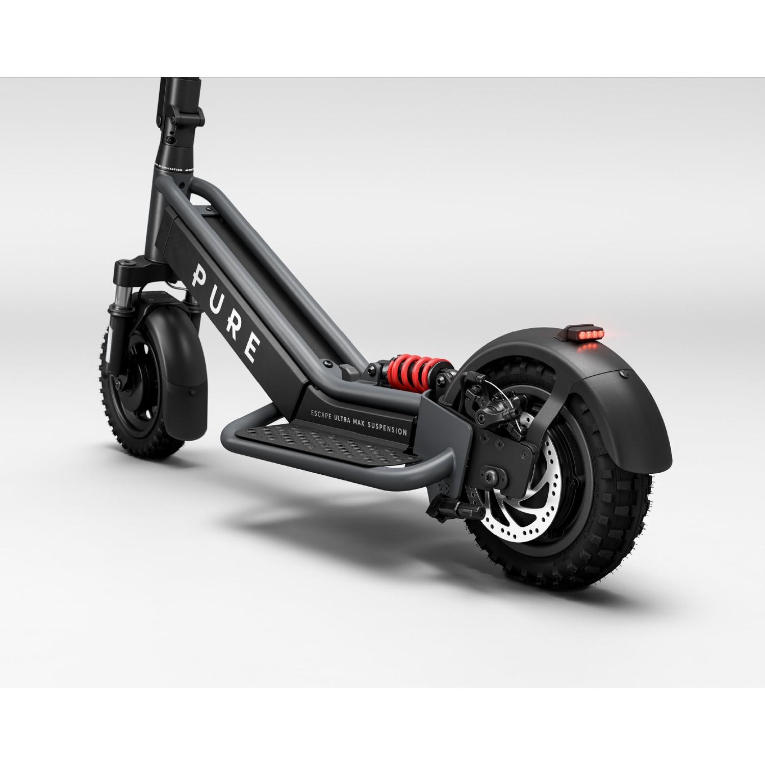 A black electric scooter with the word PURE on a white background, featuring red suspension.
