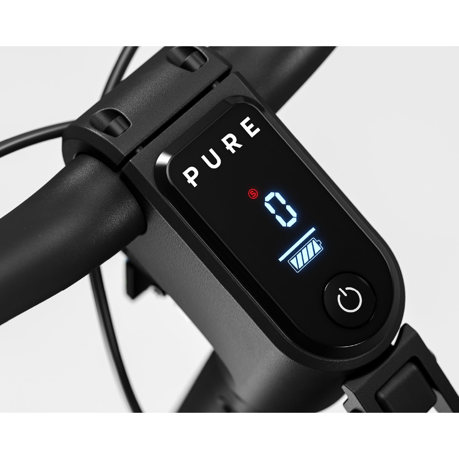 Close-up of a black electric scooter handlebar with a digital display showing 'PURE', speed '0', and a full battery icon.