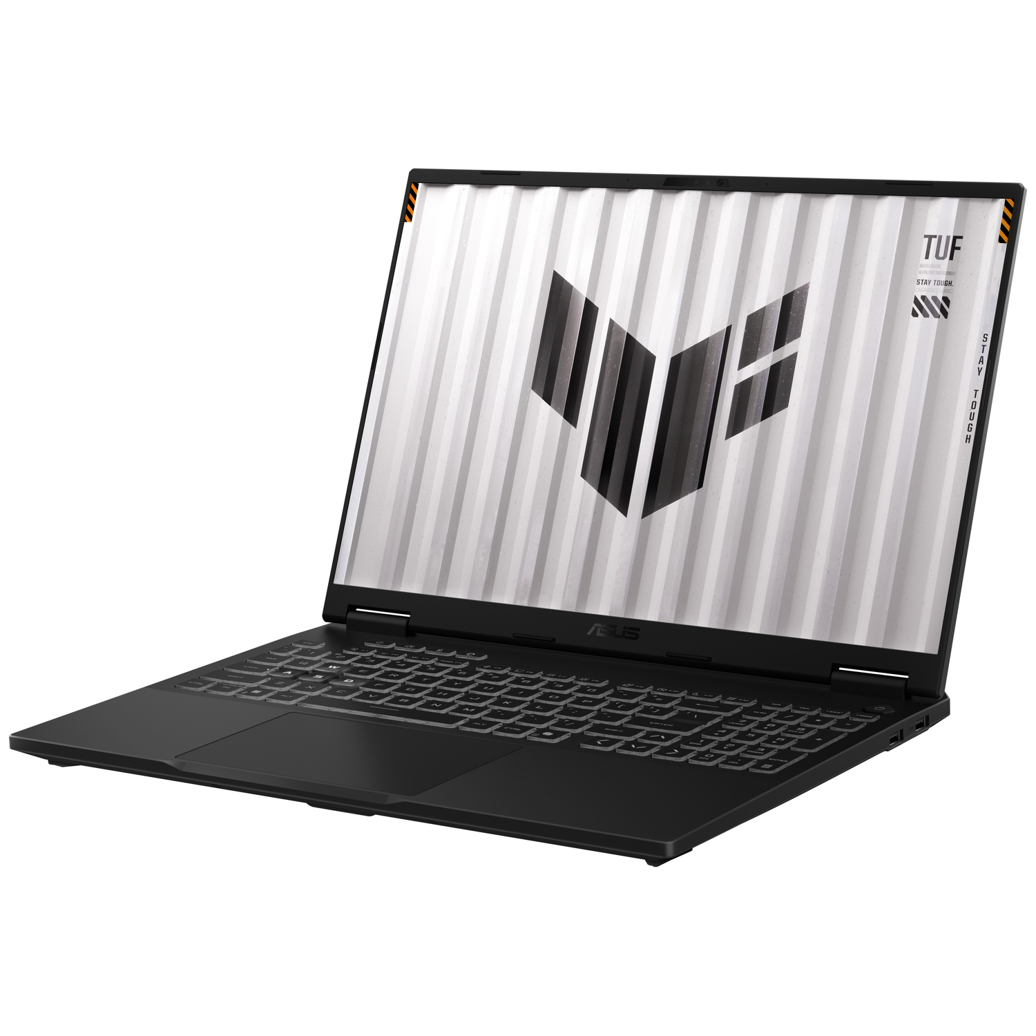 A black Asus TUF laptop with a white screen and black logo on a white background.