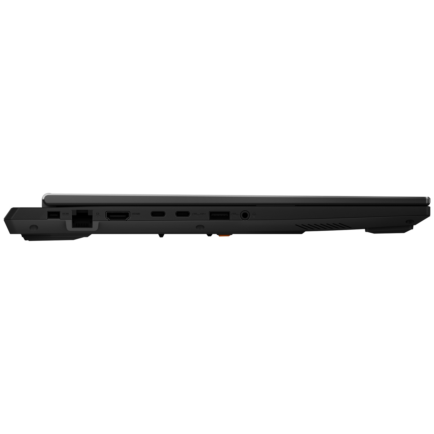 Left side of a black laptop showing various ports including ethernet, HDMI, and USB.