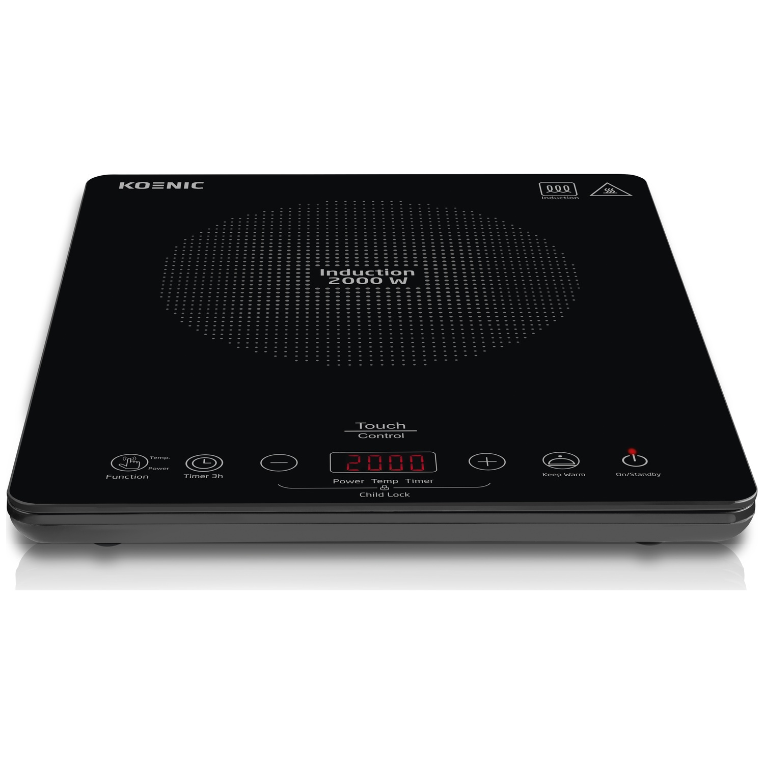 Black Koenic induction cooktop with a touch control panel and digital display showing 2000W.