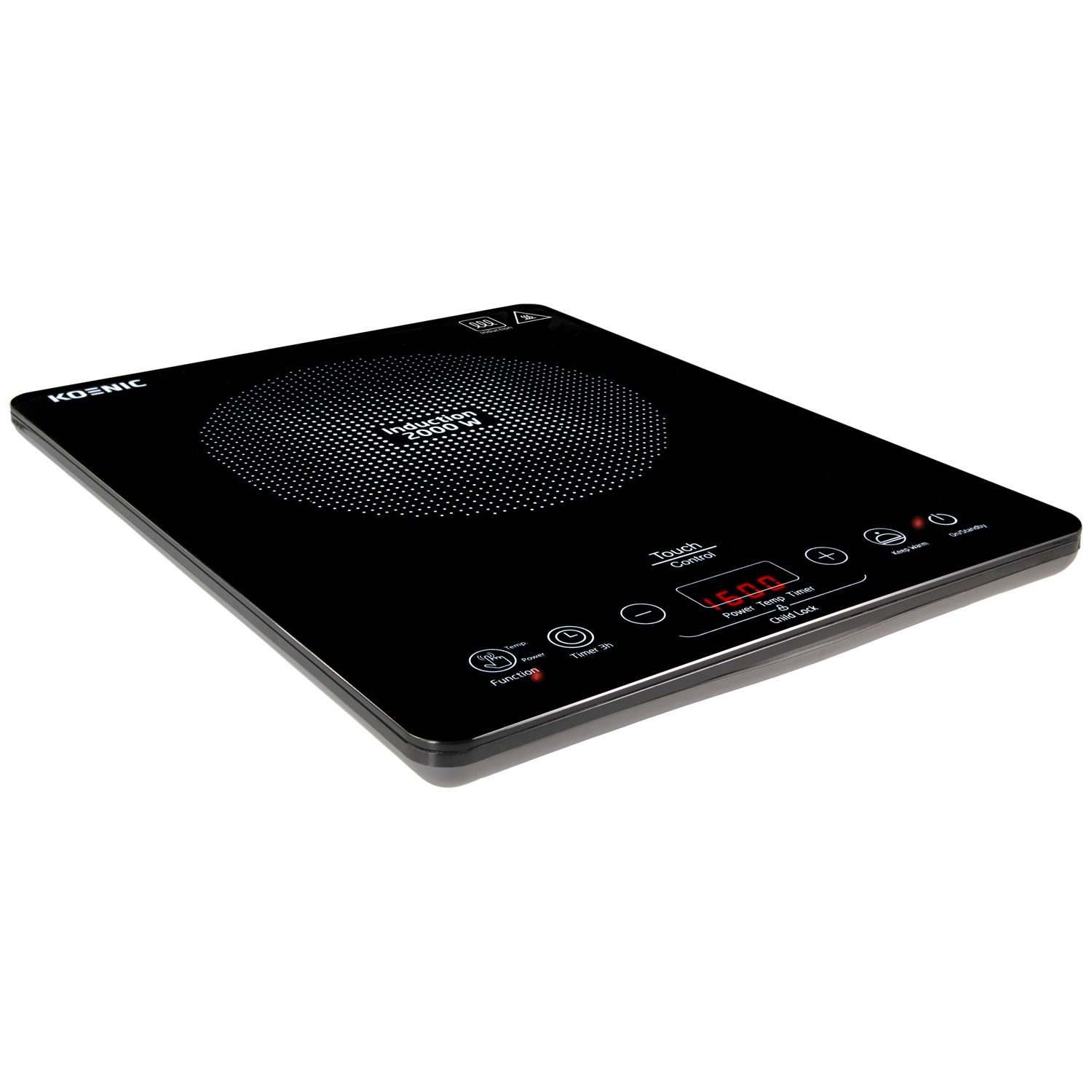 Black Koenic induction cooktop with touch control panel and red LED display against a white background.