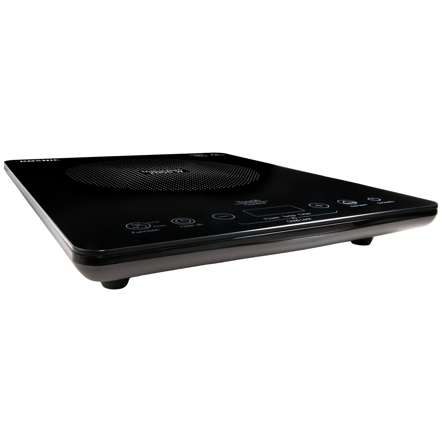 Black single induction cooktop with touch control panel and circular cooking zone on white background.