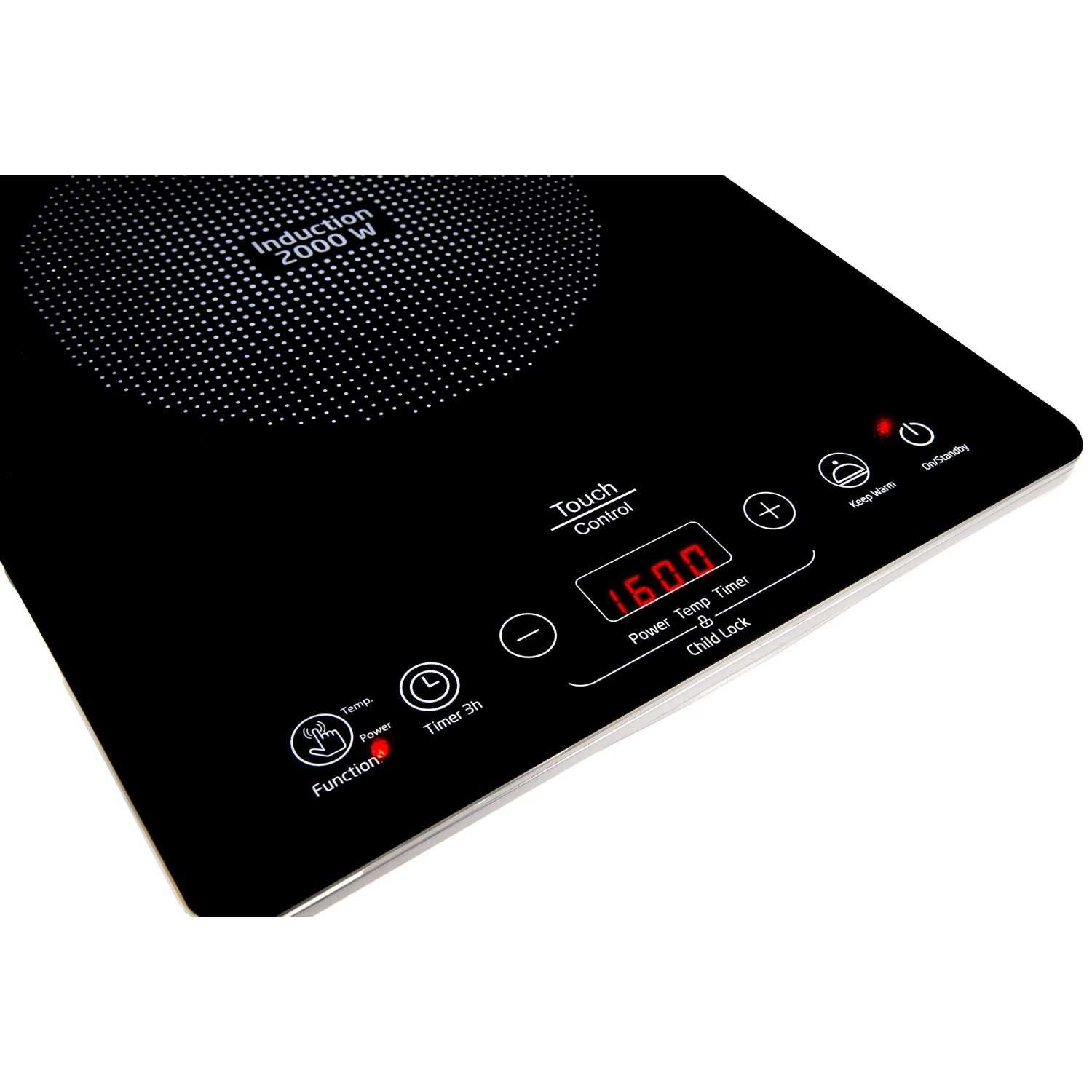 Black induction cooktop with touch control panel and digital display.