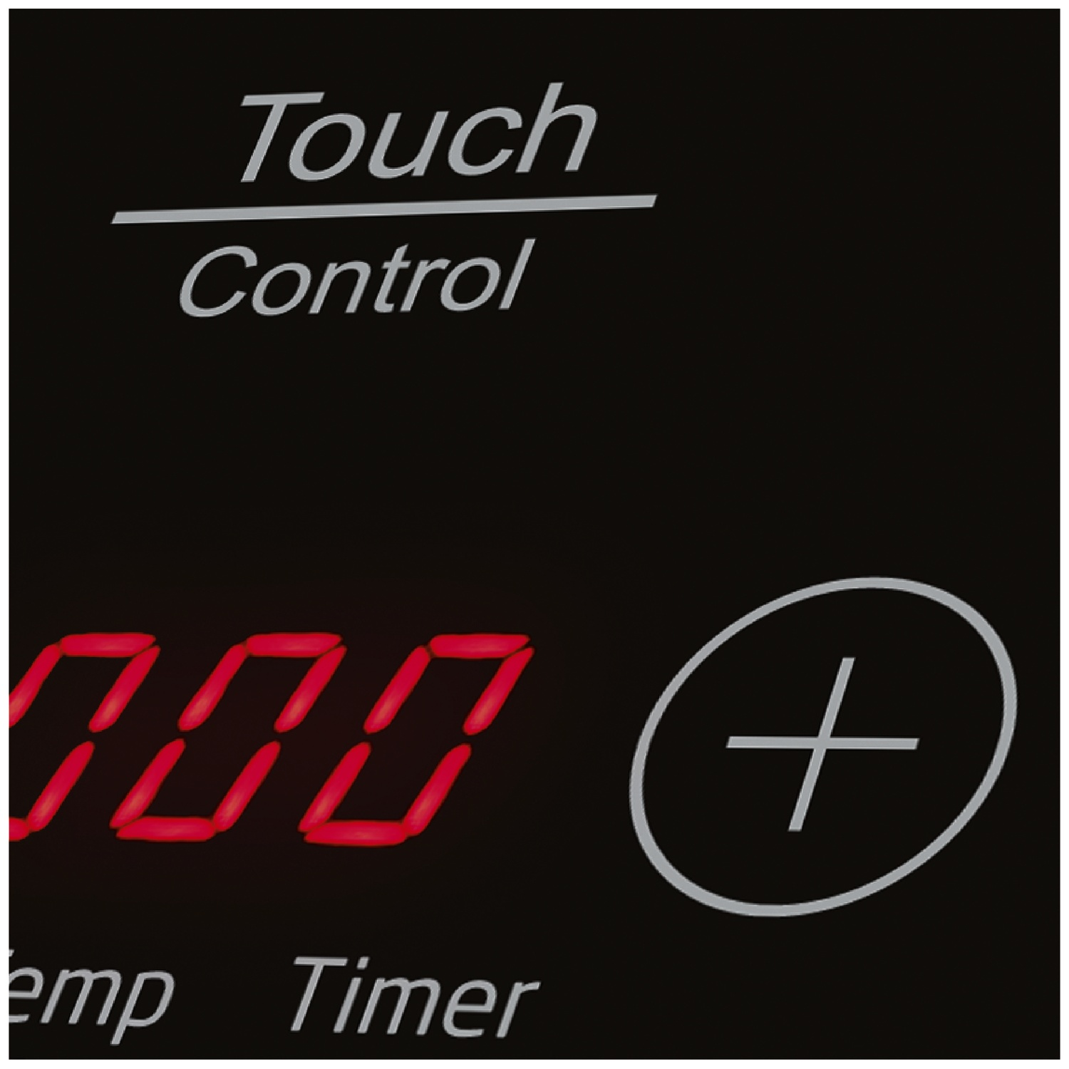 Touch control panel with red digital displays and a plus button on a black background.