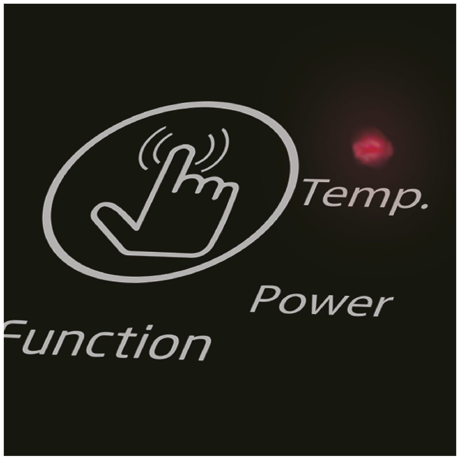 Touch icon in an oval with Temp., Power, and Function on a black background with a red light.