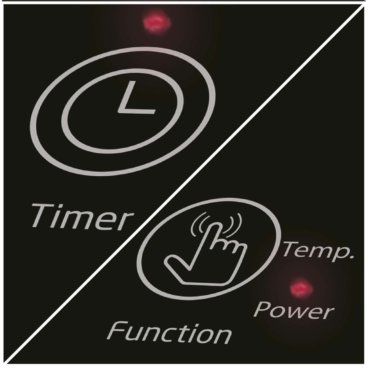 Black control panel with timer, function, and temperature buttons, plus two red indicator lights.