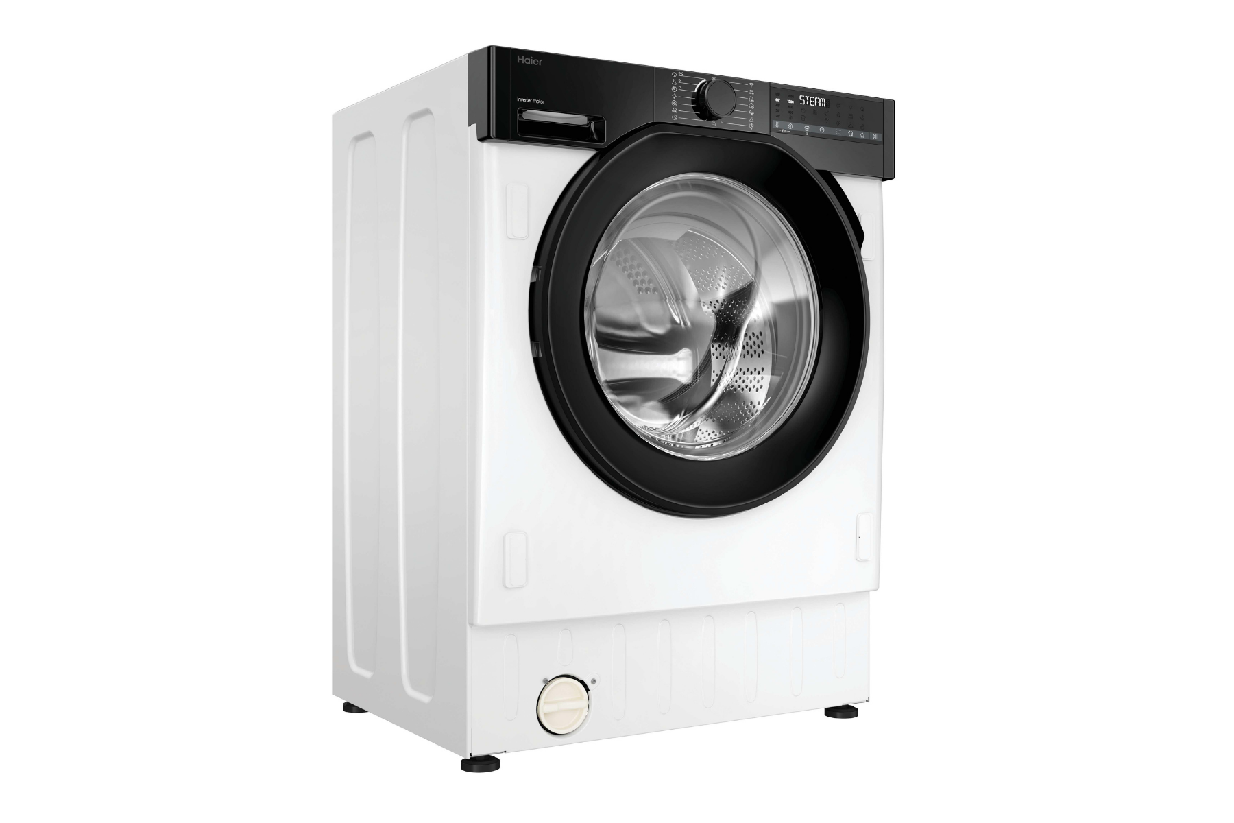 Una lavadora Haier blanca moderna con panel de control negro y puerta de vidrio sobre fondo blanco.