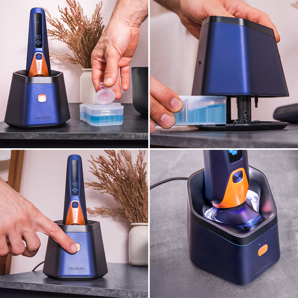 Imagen de cuatro paneles que muestra una maquinilla eléctrica azul cargándose, manteniéndose y usándose.
