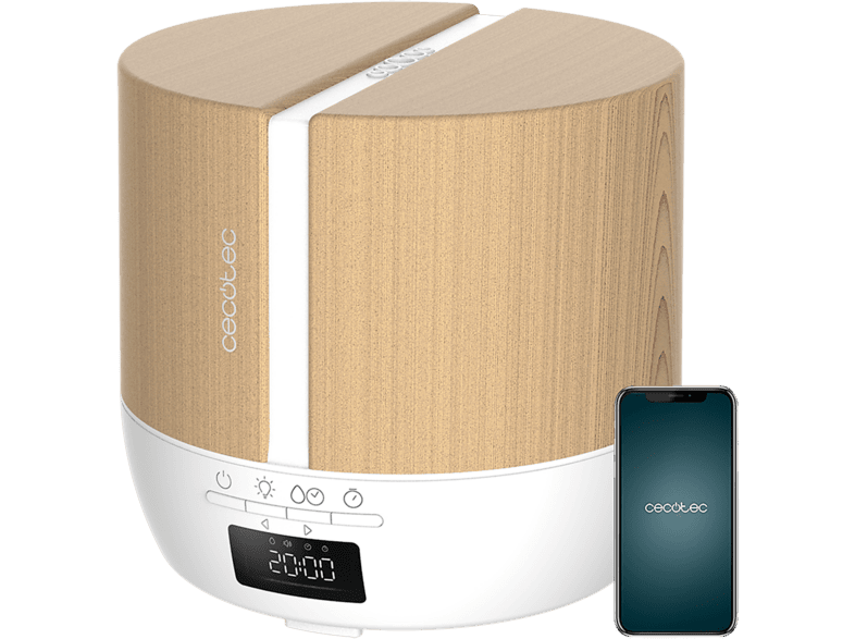 Humidificador - Cecotec PureAroma 550 Connected White Woody Expe, Difusor de aroma, 500 ml, Bluetooth con app y altavoz, 25 ml/h, 3 modos, Blanco