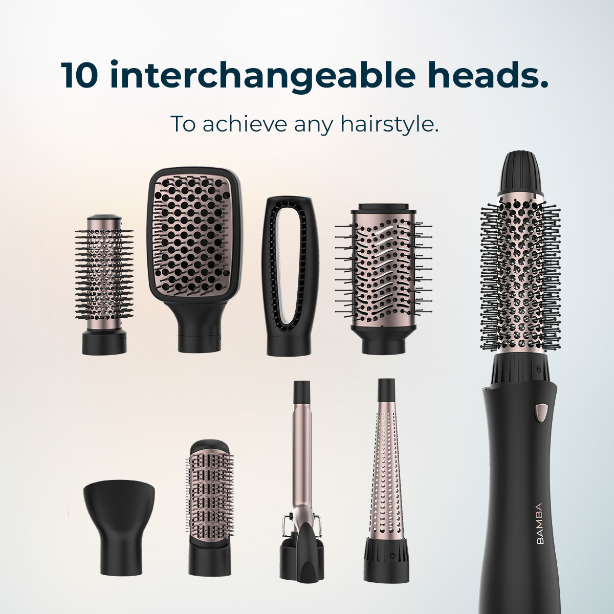 Un moldeador de pelo con diez cabezales intercambiables para varios peinados.