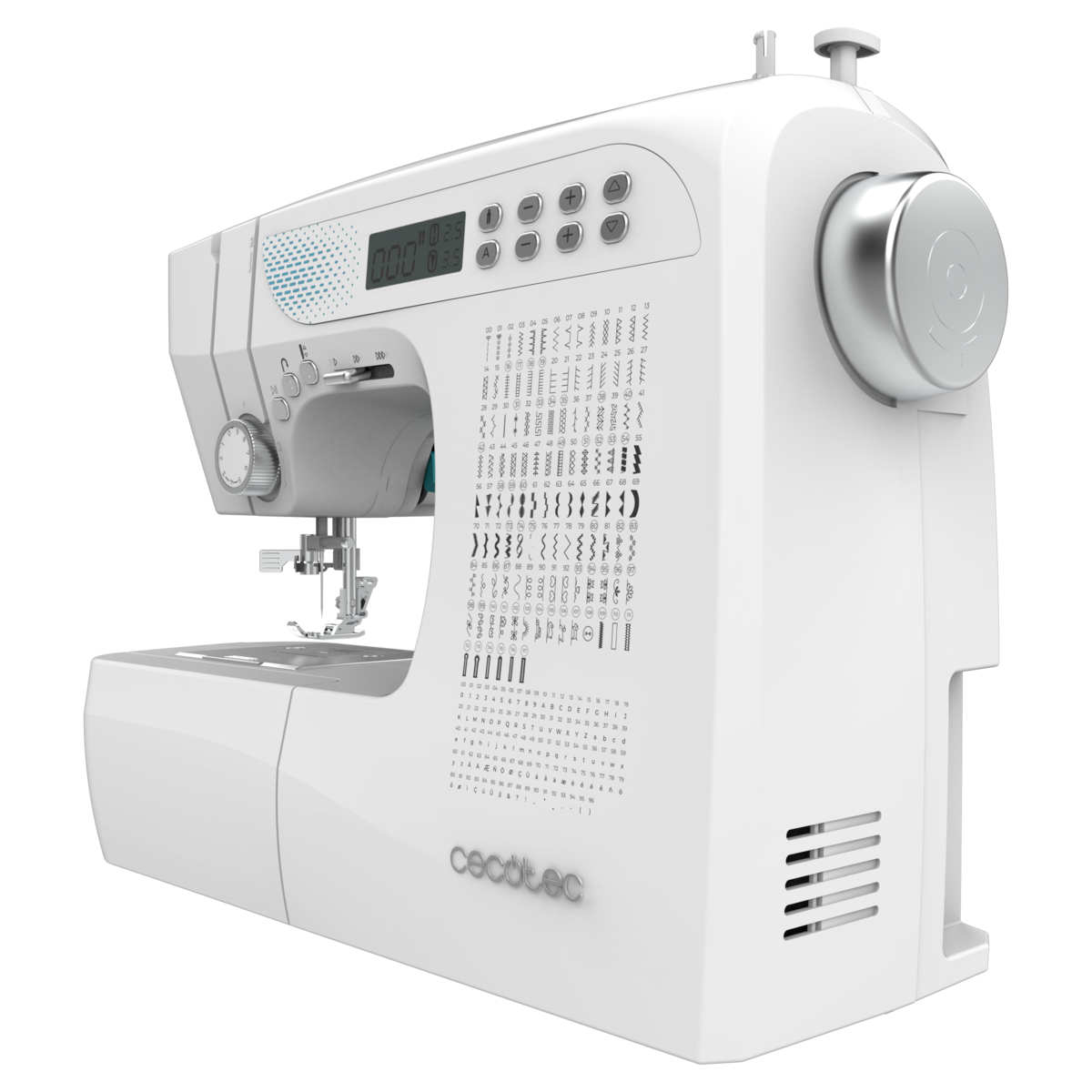 Una máquina de coser blanca Cecotec con pantalla digital y numerosos patrones de puntada en el cuerpo.