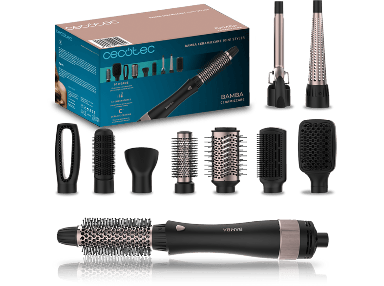 Moldeador - Cecotec CeramicCare 10in1 Styler Elite, 10 cabezales, 3 modos, Revestimiento cerámico, Cable giratorio 360°,Negro