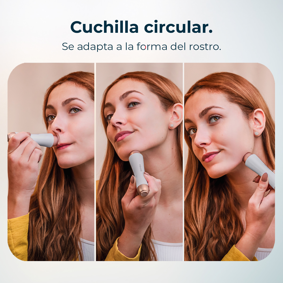 Una mujer demuestra el uso de un depilador facial en el labio, mentón y mejilla en tres paneles.