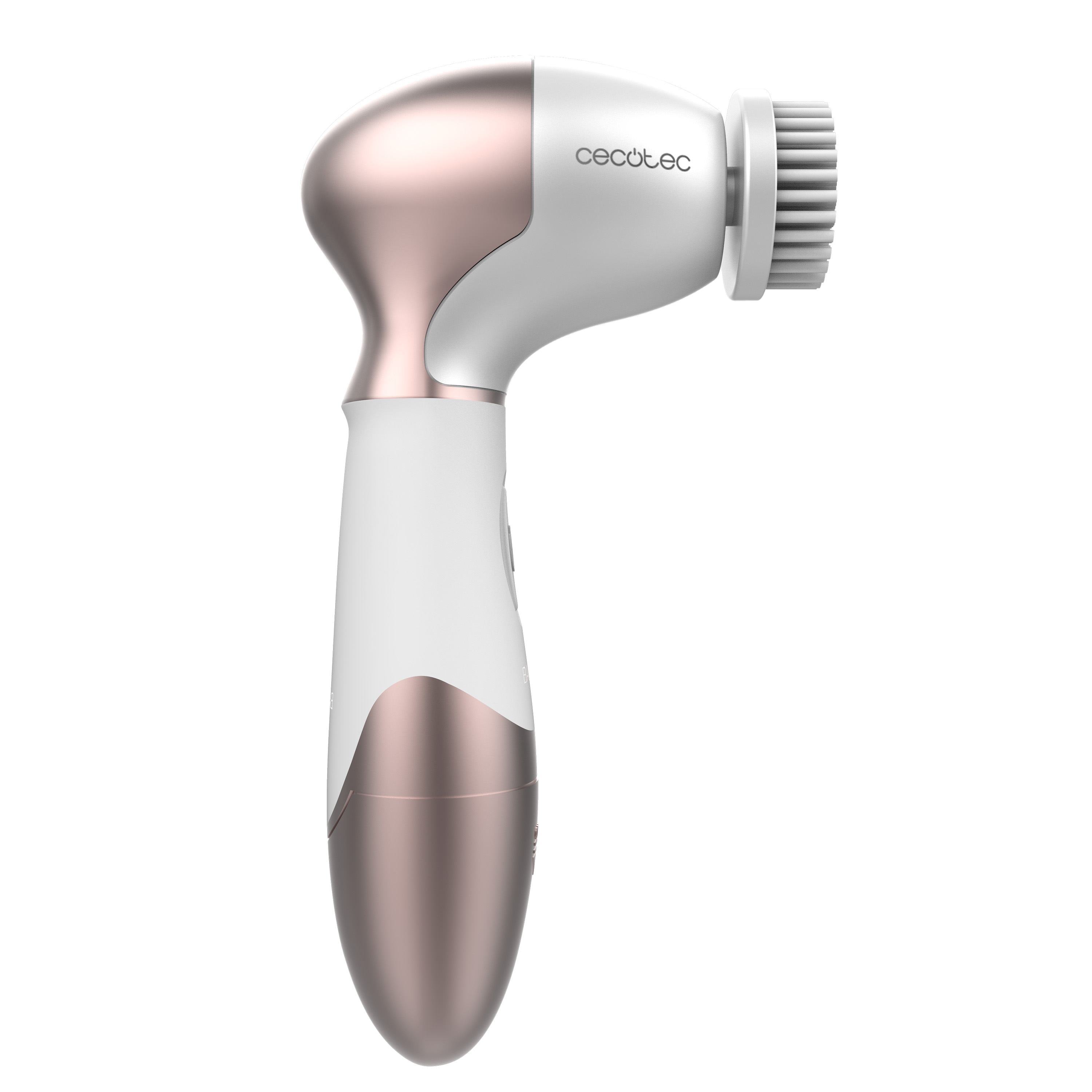 Cepillo de limpieza facial Cecotec en blanco y oro rosa sobre fondo negro.
