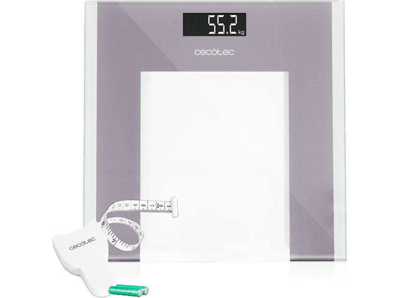 Báscula de baño - Cecotec Surface Precision Healthy Elite, 180 kg, Cristal templado, Pantalla LCD invertida, Cinta métrica, Gris