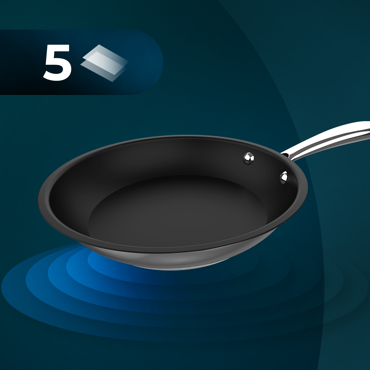 Una sartén negra con mango plateado y un icono de 5 capas sobre un fondo azul oscuro.