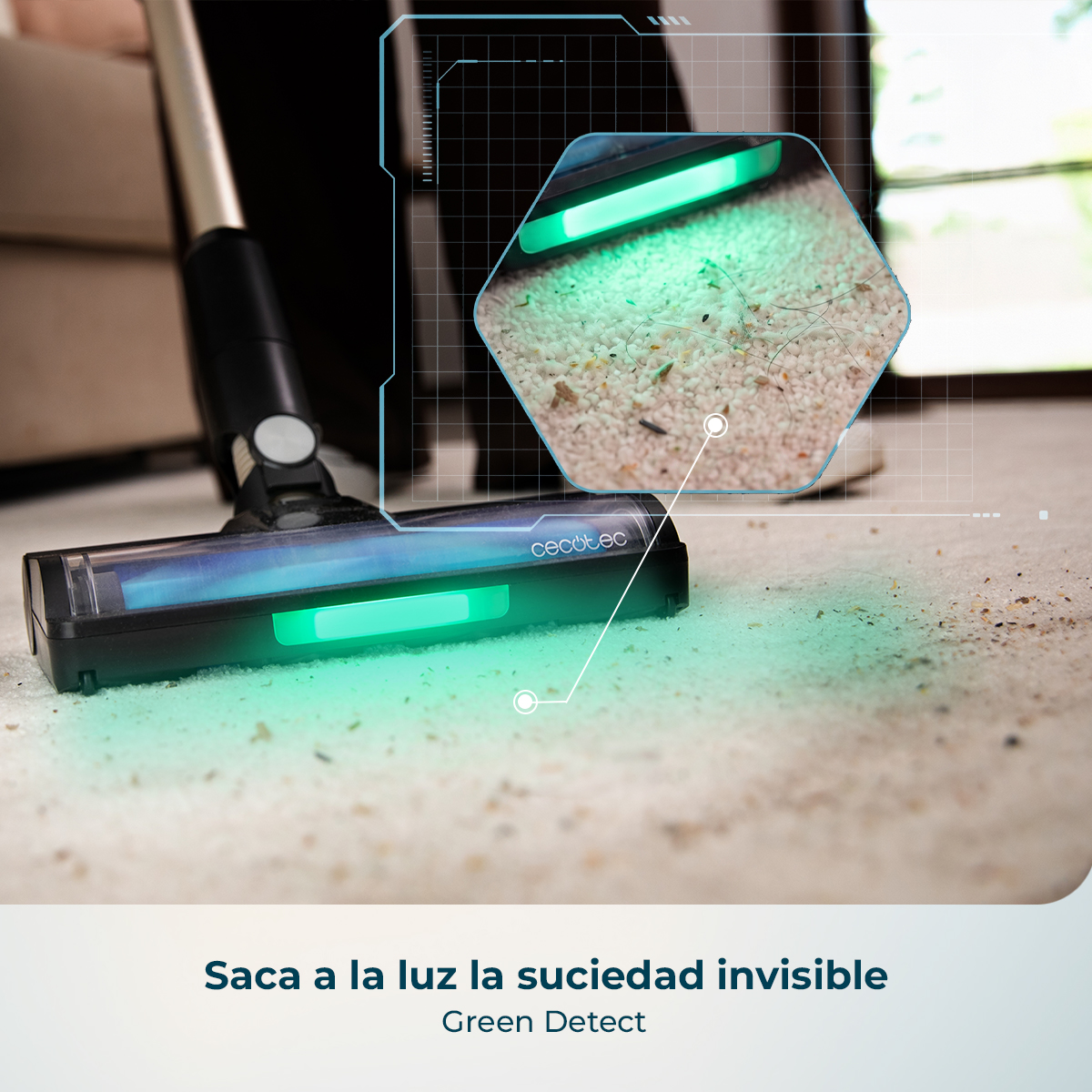 Una aspiradora con luz verde destaca la suciedad en la alfombra.