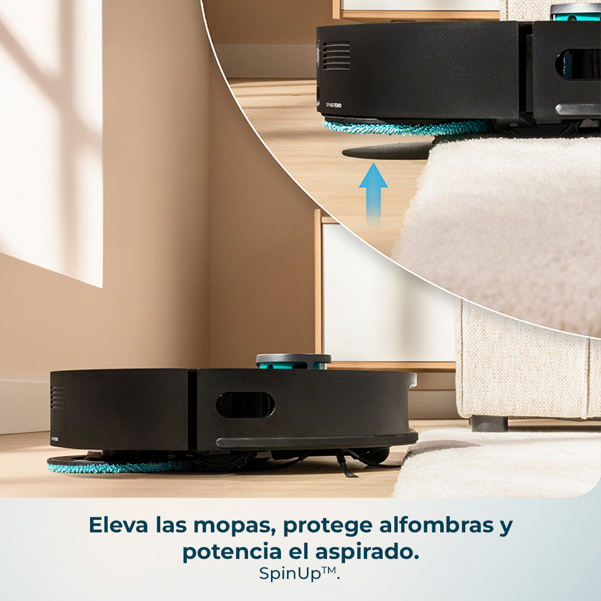 Un robot aspirador negro levanta sus mopas para proteger una alfombra blanca.