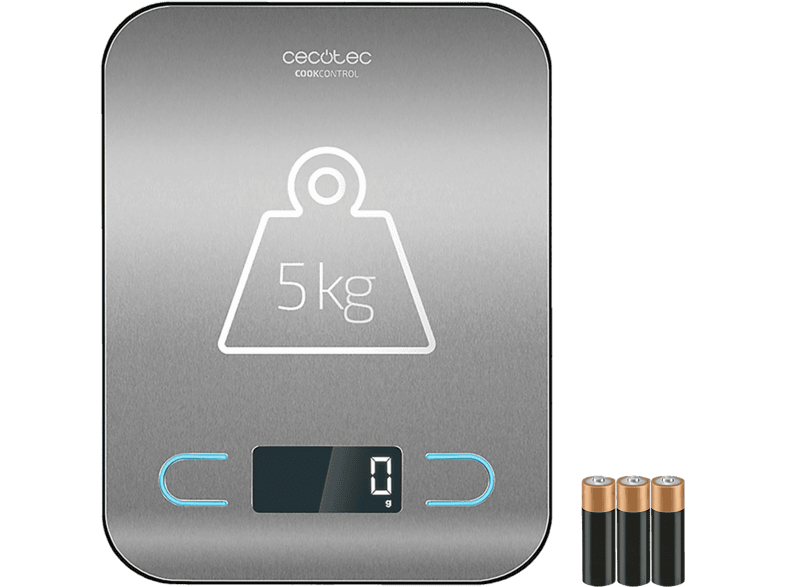 Balanza de cocina - Cecotec CookScale, 5 kg, Precisión 1 g, Acero inoxidable y función tara, Gris