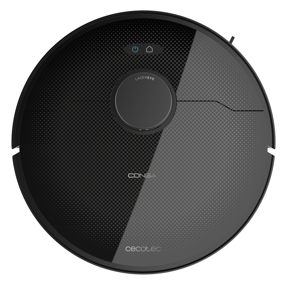 Vista superior de un robot aspirador Cecotec negro con ojo láser y botones, sobre fondo negro.
